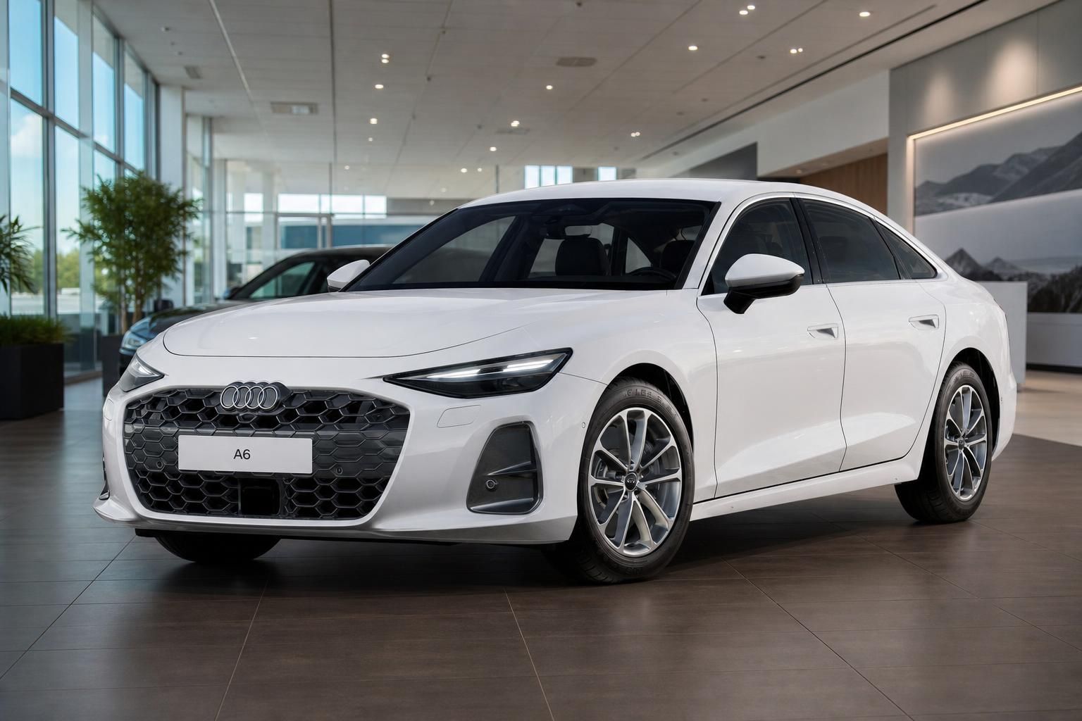 Weißer Audi A6 Limousine in Frontansicht im Autohaus-Showroom
