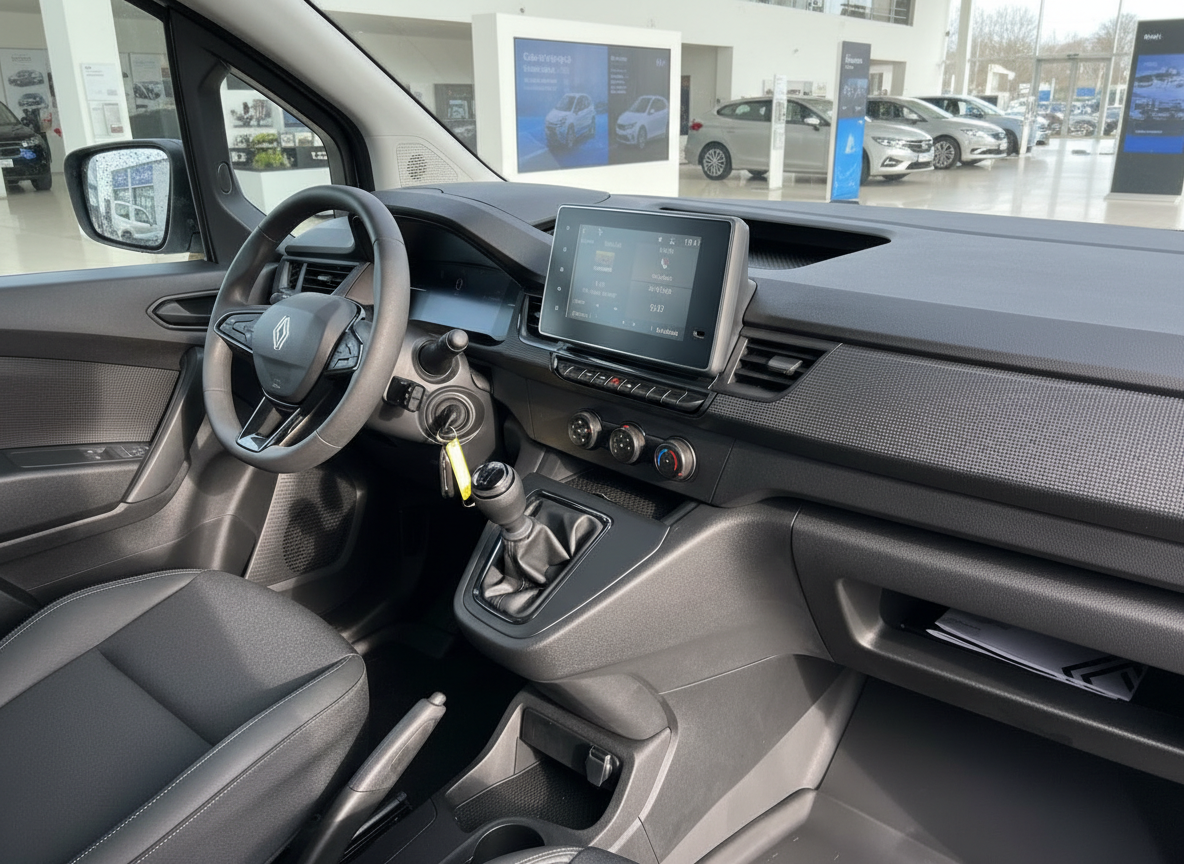 Renault Kangoo Innenraum mit Touchscreen, Schaltgetriebe und schwarzen Ledersitzen im Autohaus