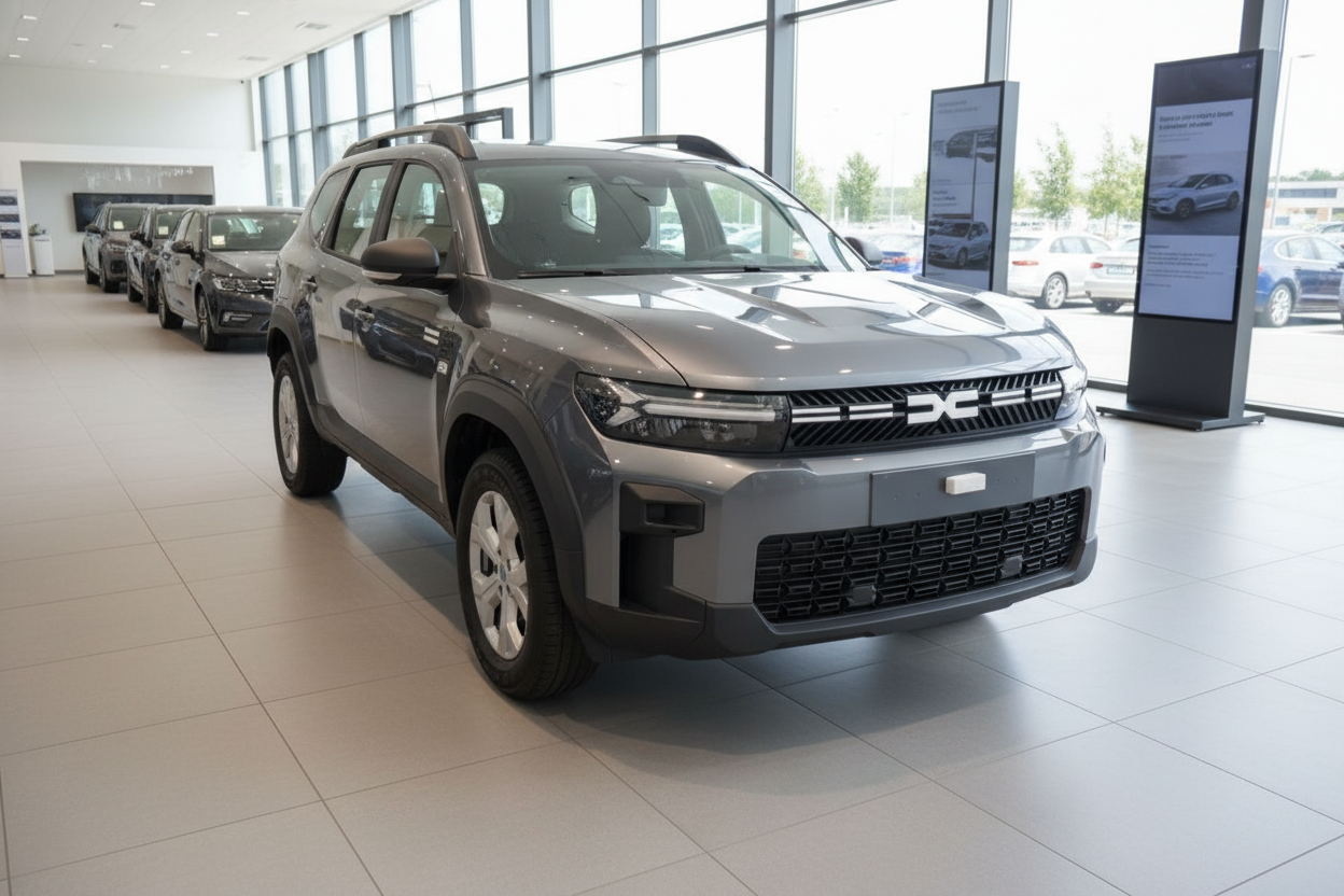 Dacia Duster SUV in Grau im Autohaus Showroom – Frontansicht