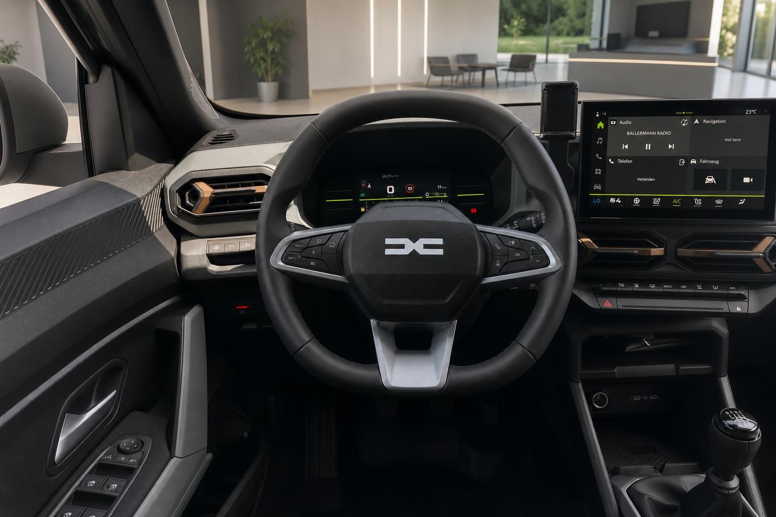 Fahrzeug Cockpit mit Lenkrad, Digitalanzeigen und Touchscreen-Infotainmentsystem