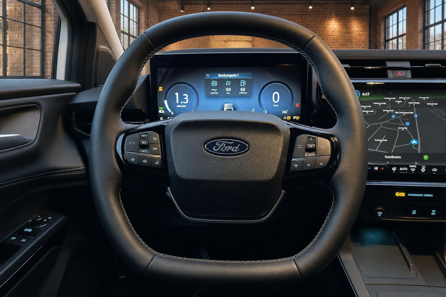 Ford Lenkrad mit Bedienelementen und Digitaldisplay im Detail