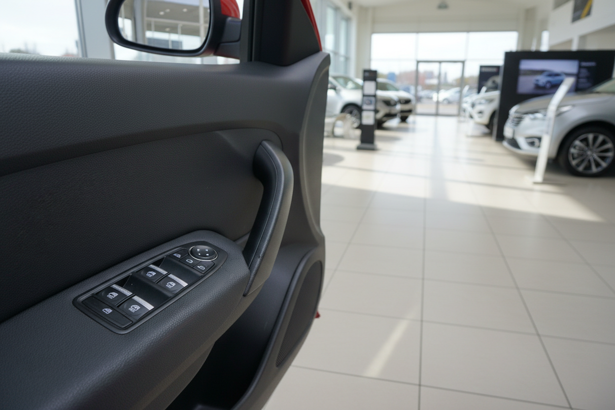 Fahrzeugtür-Innenverkleidung mit Fensterheber-Schaltern im Autohaus-Showroom