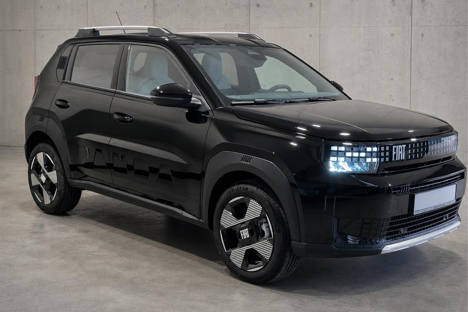 Fiat Panda in Schwarz, Seitenansicht von vorne rechts