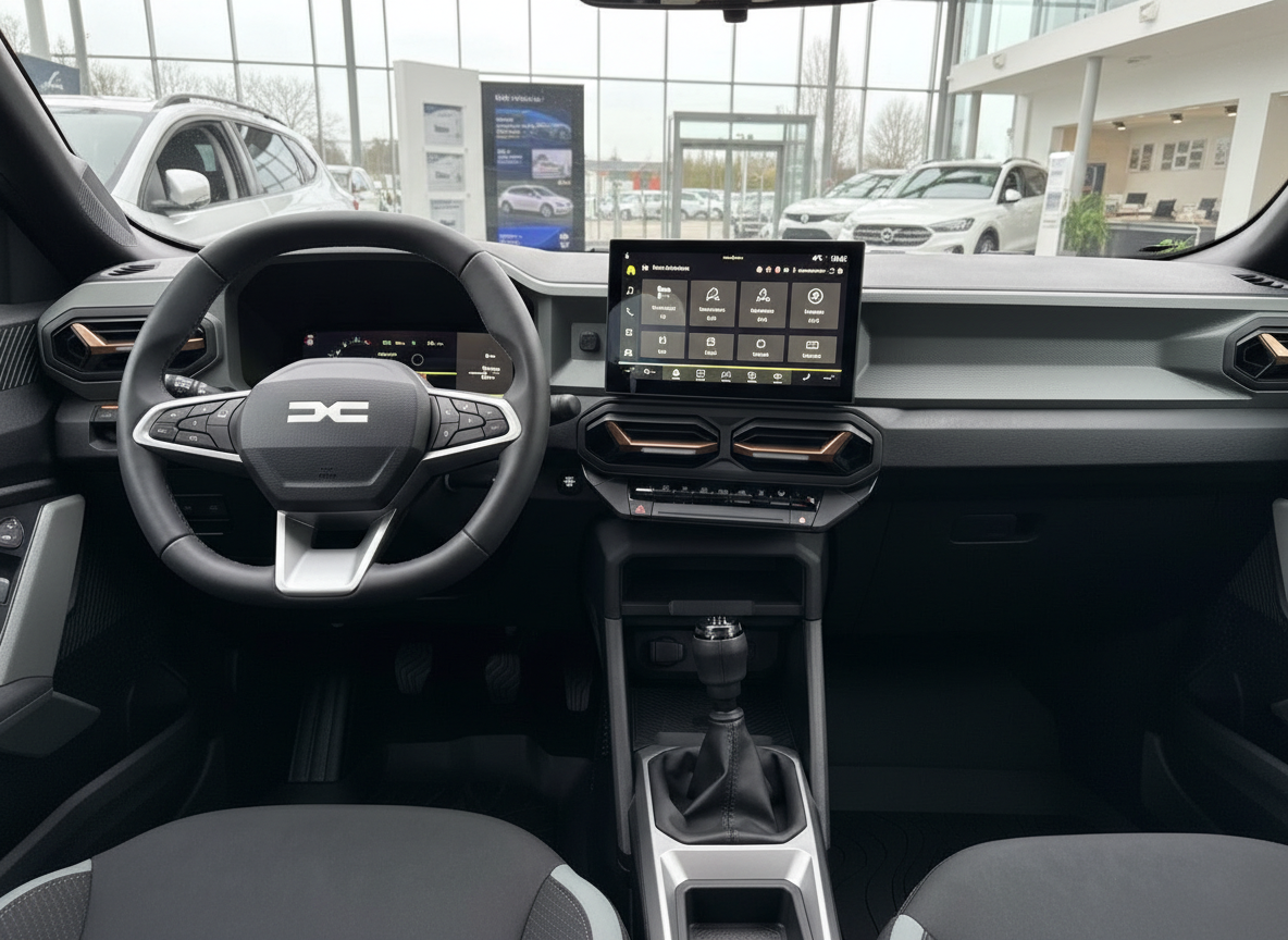 Dacia Innenraum mit Lenkrad, Touchscreen-Infotainment und manuellem Schaltgetriebe im Autohaus