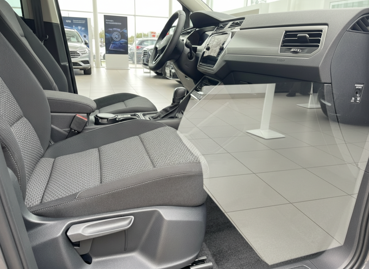 Volkswagen Innenraum Fahrerseite mit Stoff-Sitzen, Mittelkonsole und Touchscreen im Autohaus