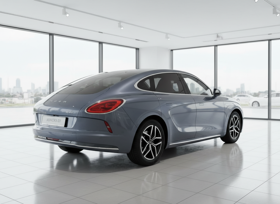 Ora Aurora 07 Elektro-Limousine in Grau-Blau, Heckansicht in modernem Showroom