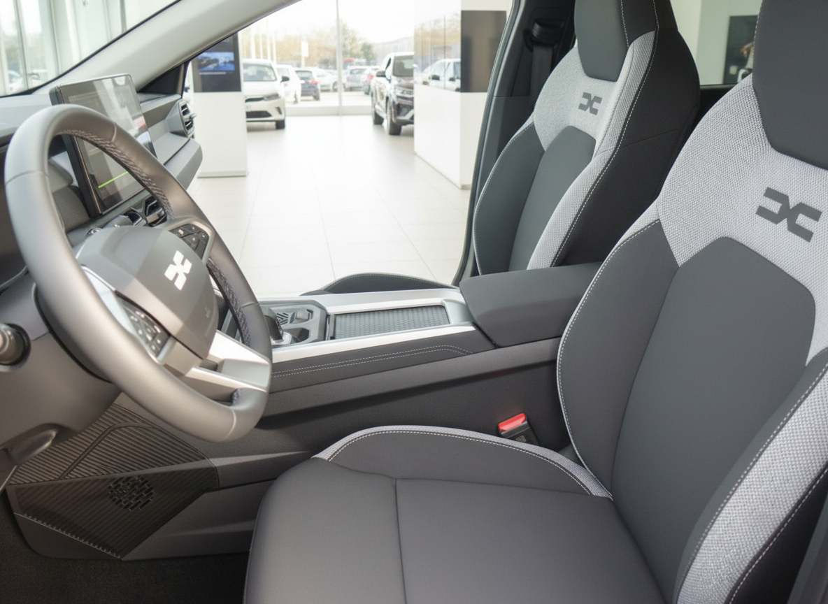 Xpeng Fahrzeug Innenraum mit Fahrersitz, Lenkrad und Mittelkonsole in grauem Design