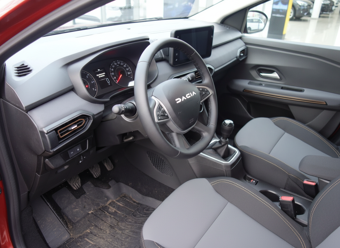 Dacia Innenraum mit Lenkrad, Instrumententafel und Mittelkonsole in grau-schwarz