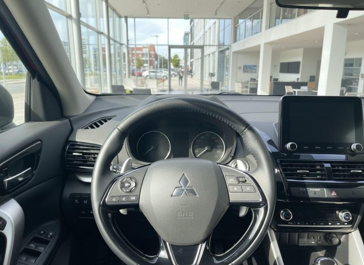 Mitsubishi Innenraum mit Lenkrad, Instrumententafel und Touchscreen im Autohaus