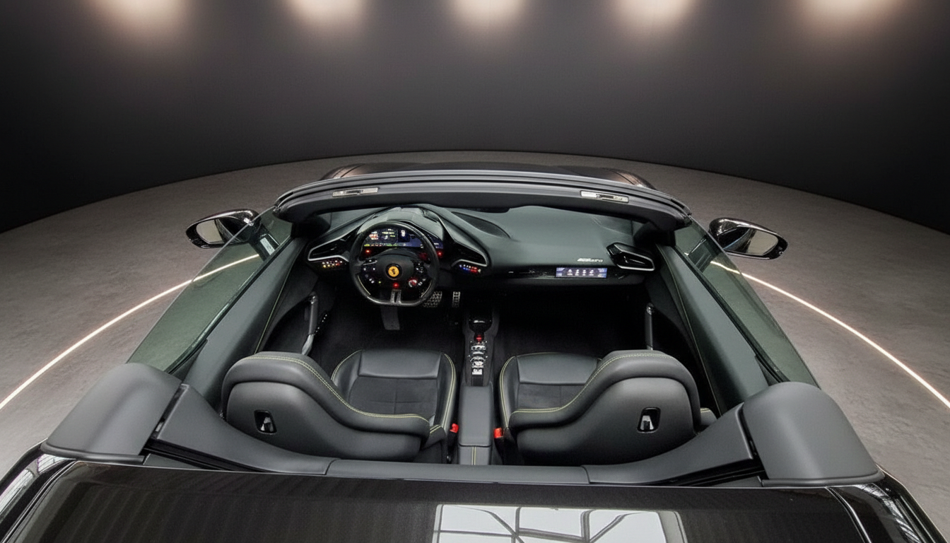 Ferrari 296 GTS Interieur Vogelperspektive – schwarzes Leder, Sportlenkrad, offenes Verdeck