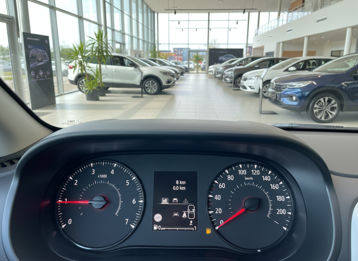 Fahrzeug-Cockpit mit Tacho und Drehzahlmesser im Autohaus mit Neuwagen im Hintergrund