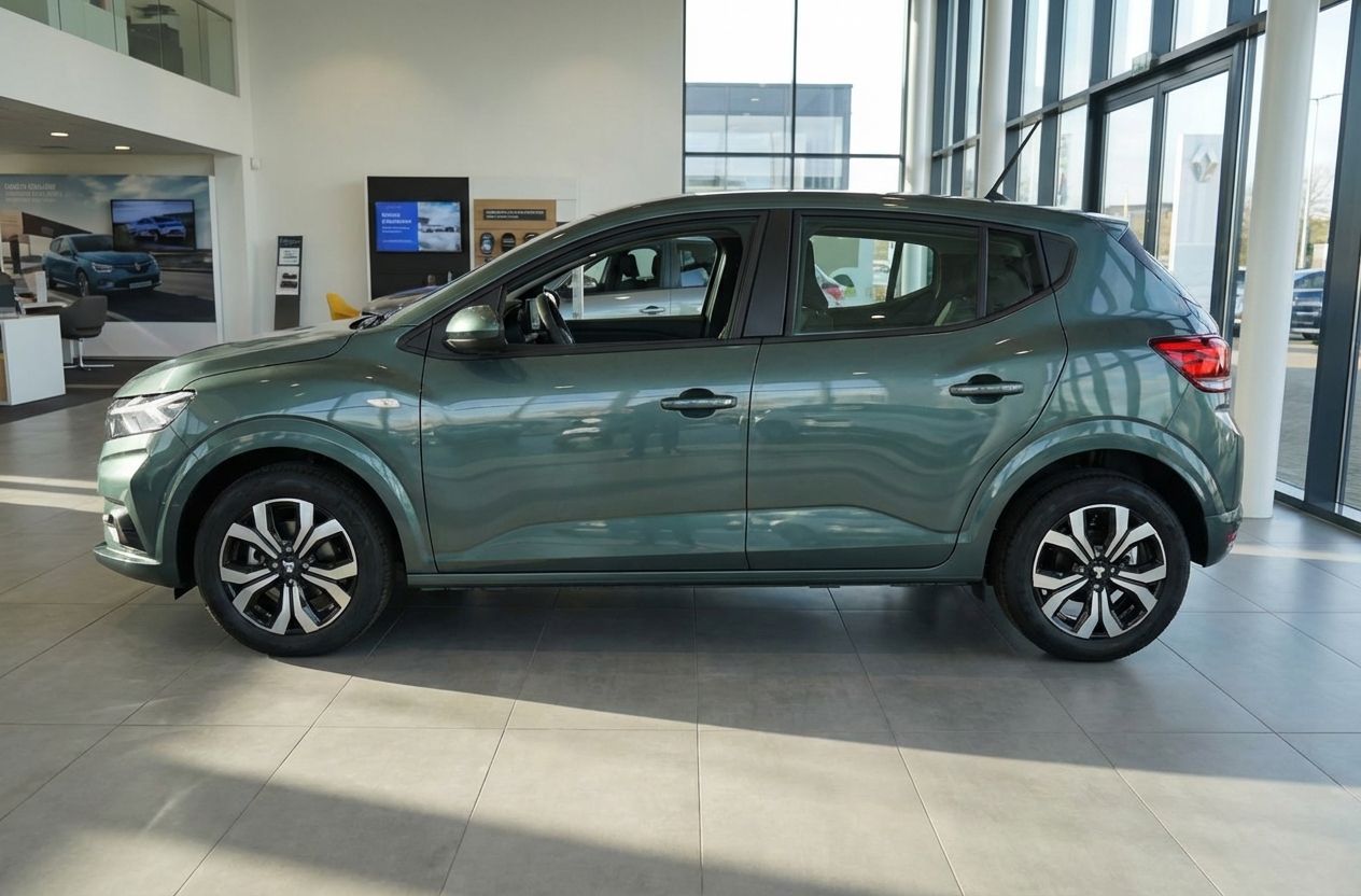 Dacia Sandero in Grün in Autohaus-Showroom – Seitenansicht Kompaktwagen