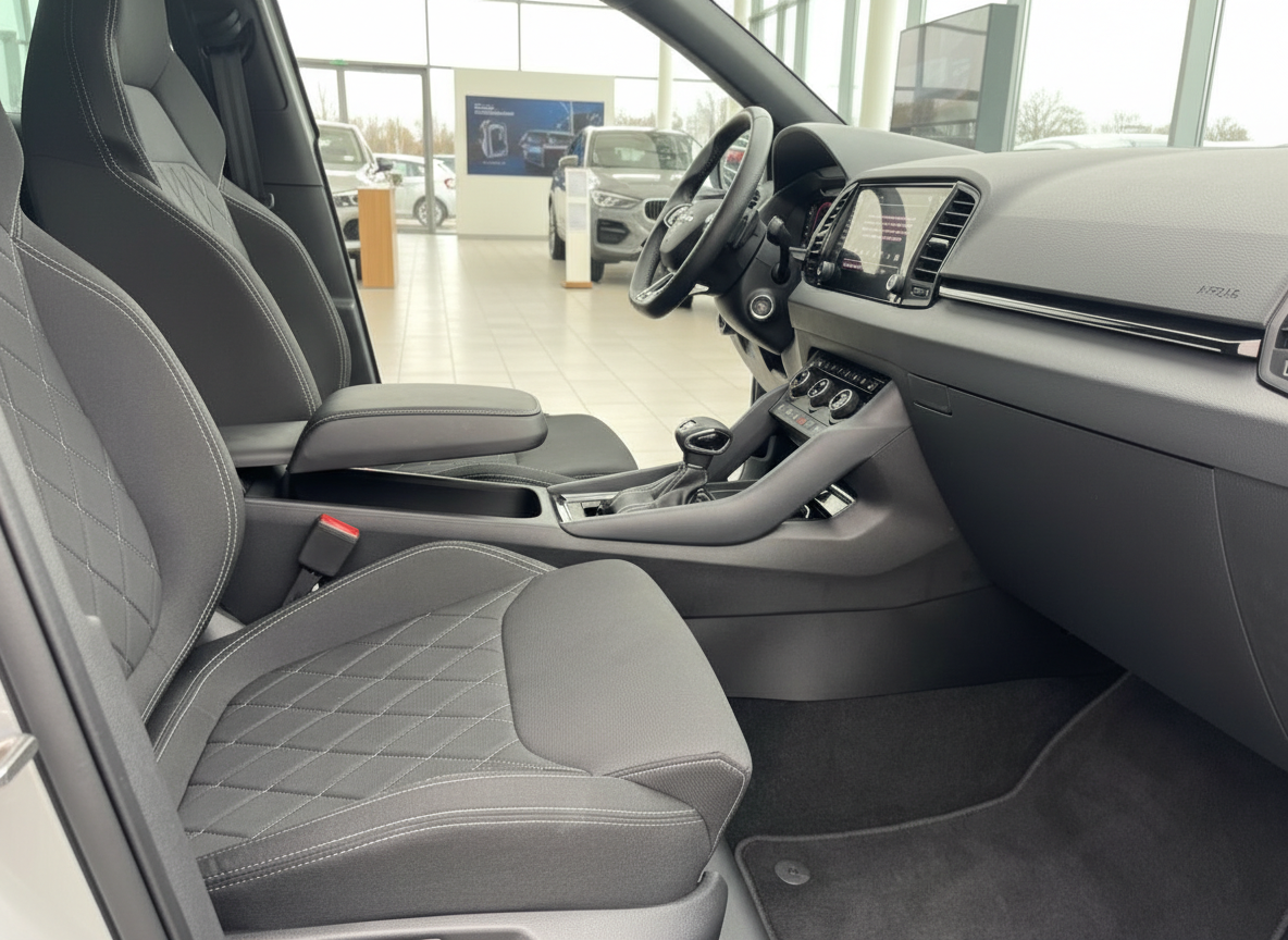 Seat Karoq Innenraum – schwarze Stoff-Lederausstattung, Cockpit und Mittelkonsole in Autohaus