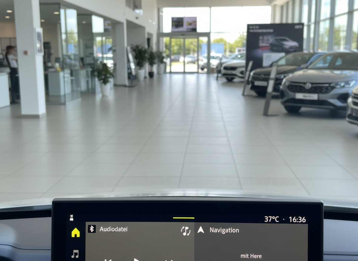 Volkswagen Innenraum mit Infotainment-Display im Autohaus, Navigation und Audiodatei-Menü