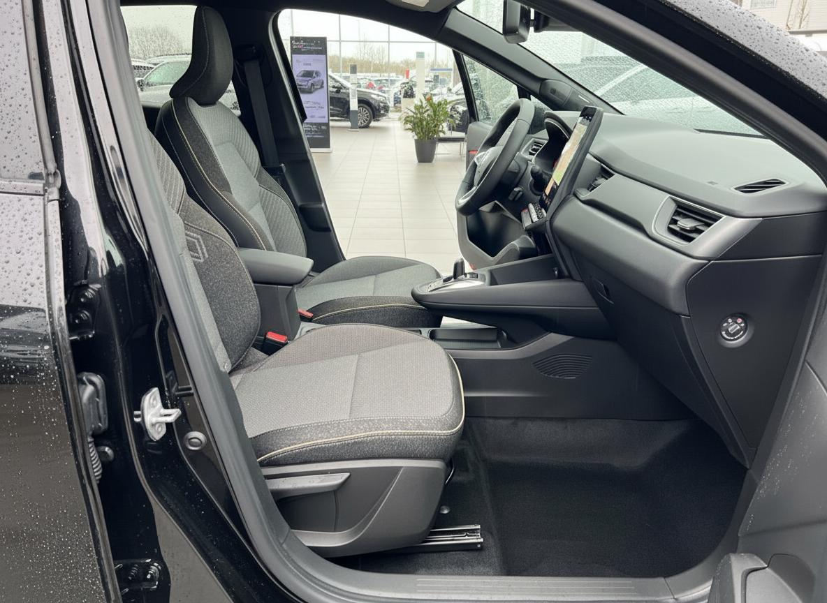 Schwarzes Fahrzeug Innenraum – Fahrersitz, Armaturenbrett und Mittelkonsole im Autohaus