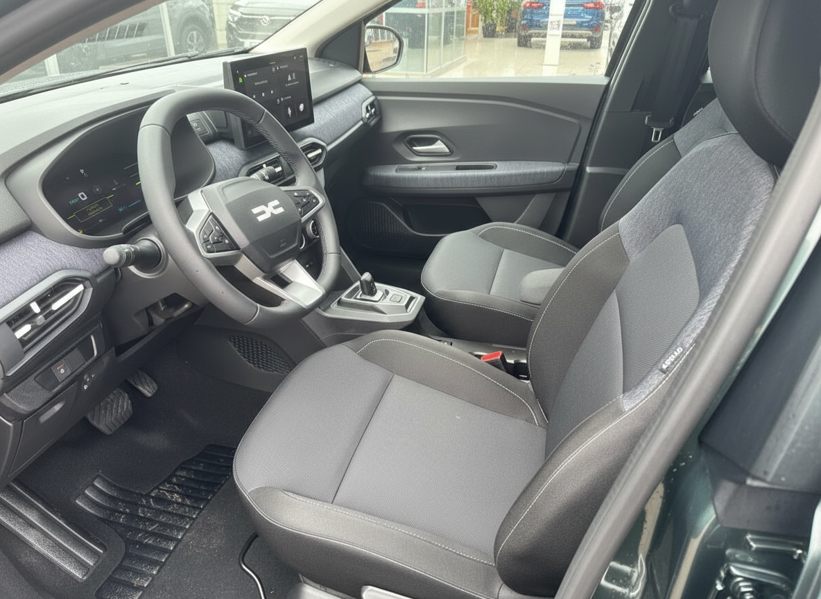 Dacia Sandero Innenraum mit schwarzen Stoffsitzen, Lenkrad und Infotainmentsystem