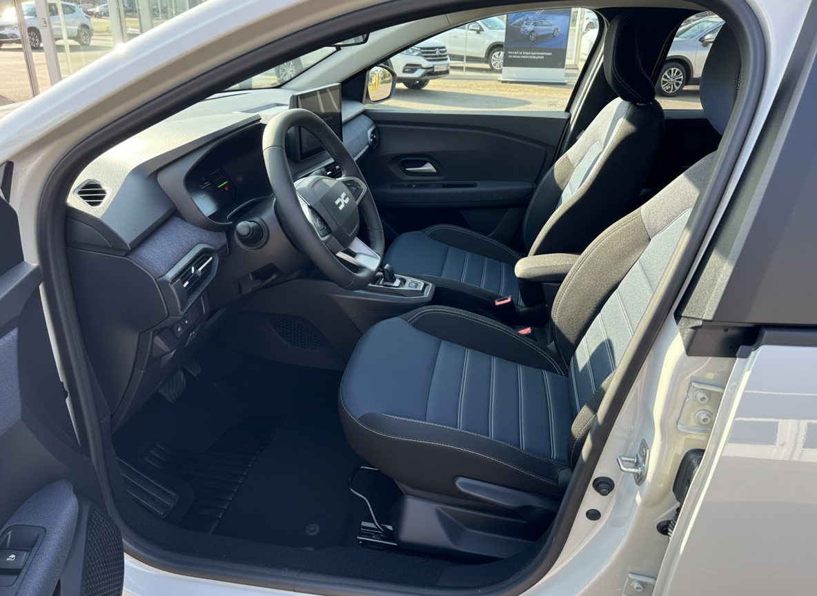 Innenraum eines modernen SUV mit blauen Stoffsitzen, Lenkrad und Mittelkonsole