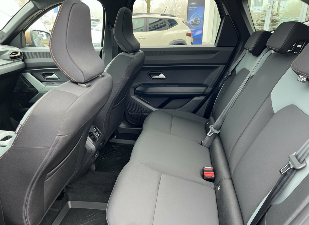 Dacia SUV Innenraum Rücksitzbank in Grau mit Sicherheitsgurten und modernem Design