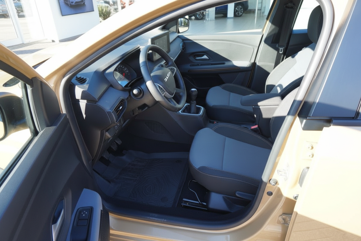 Dacia Innenraum Fahrerseite mit Lenkrad, Schaltgetriebe und schwarzen Stoffsitzen