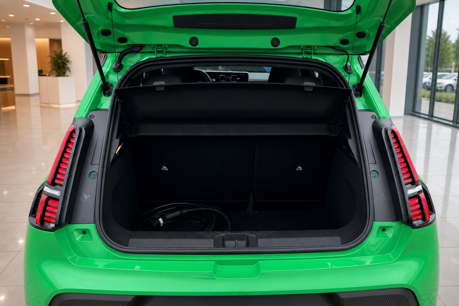 Kofferraum grünes Elektroauto mit geöffneter Heckklappe und schwarzer Innenausstattung
