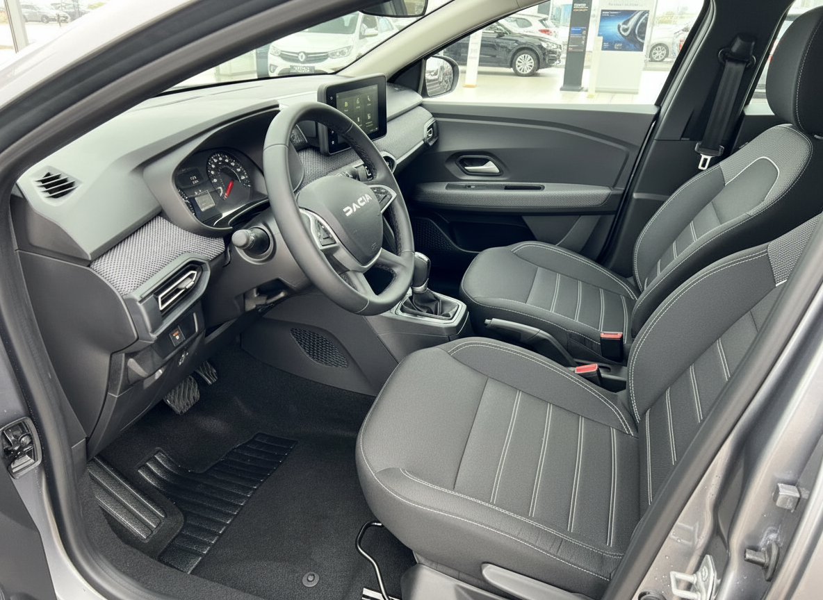 Dacia Innenraum mit schwarzen Stoffsitzen, Lenkrad und Infotainment-Display