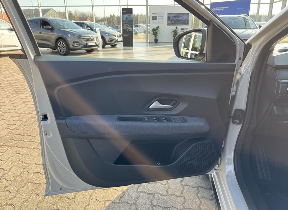 Weißes VW Fahrzeug Fahrertür geöffnet mit Innenverkleidung und Fensterheberschalter im Autohaus