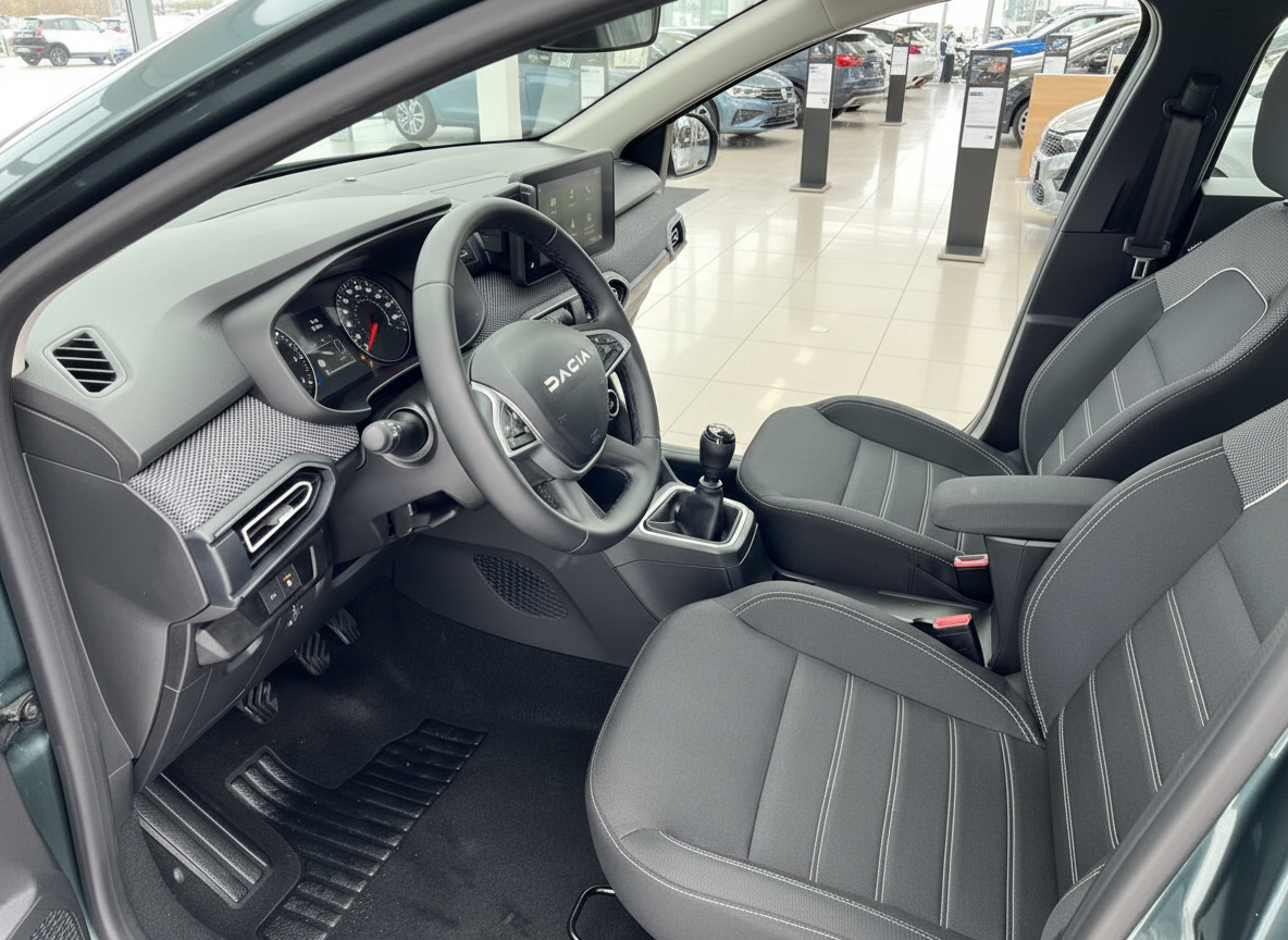 Dacia Innenraum mit Stoffsitzen, Lenkrad, Infotainment-Display und Schaltgetriebe im Autohaus