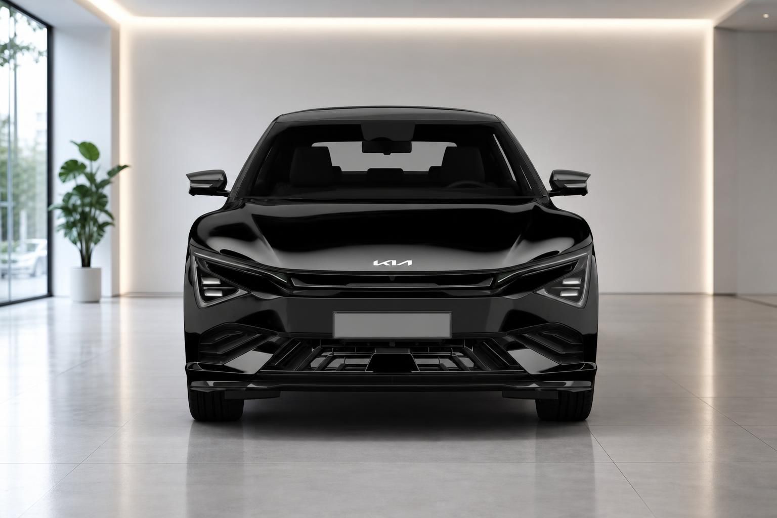 Kia EV6 GT-Line in Schwarz, Frontansicht im Showroom
