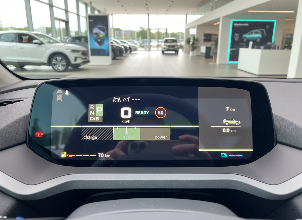Volkswagen Elektrofahrzeug Cockpit-Display mit Ready-Anzeige, Reichweite 70 km und Eco-Modus im Autohaus