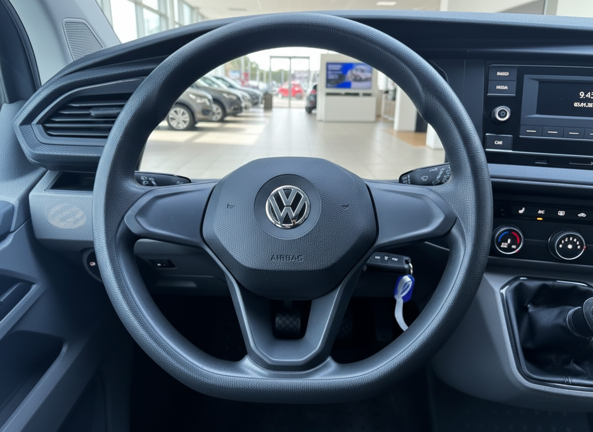 Volkswagen Innenraum Lenkrad mit VW-Logo und Airbag, Cockpit Ansicht im Autohaus