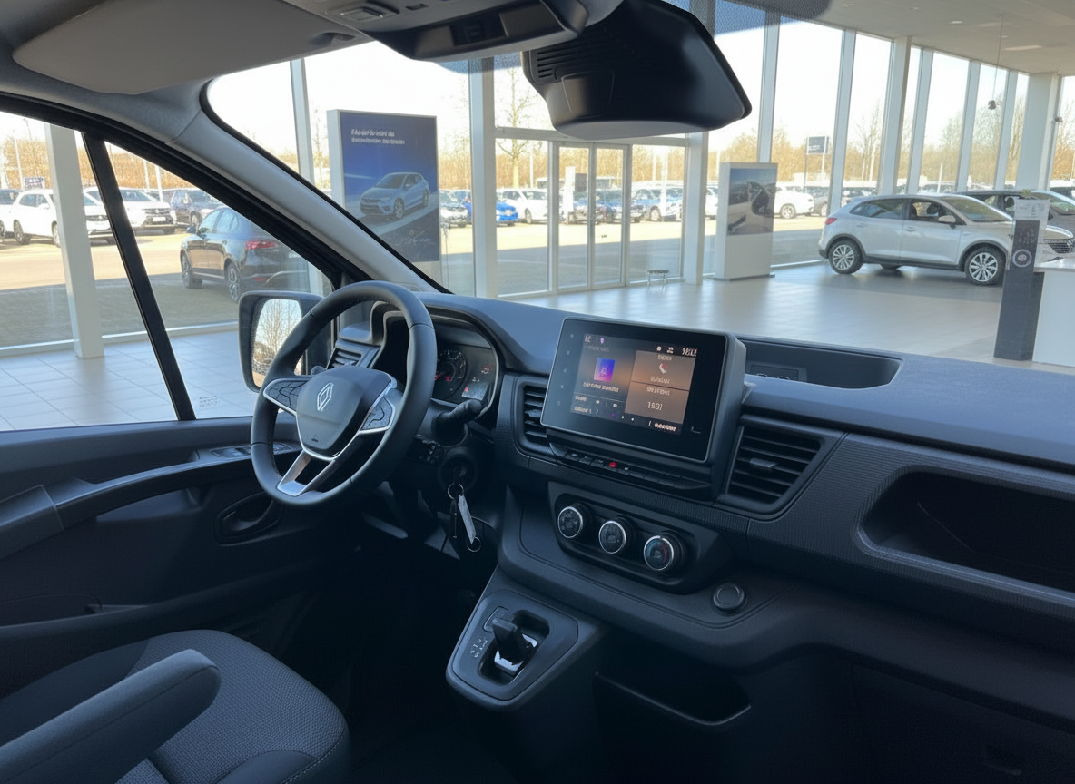 Renault Trafic Innenraum mit Touchscreen-Navi, Lederlenkrad und modernem Cockpit im Autohaus