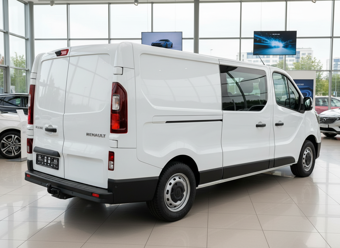 Weißer Renault Trafic Kastenwagen Combi in Autohaus-Showroom, Heckansicht