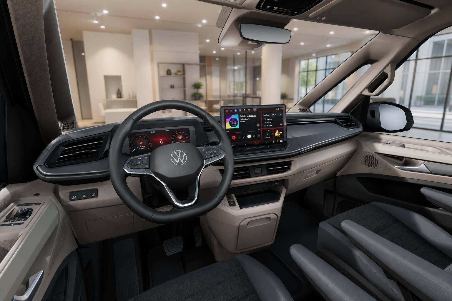 VW Multivan Innenraum Cockpit mit Lenkrad und Infotainment