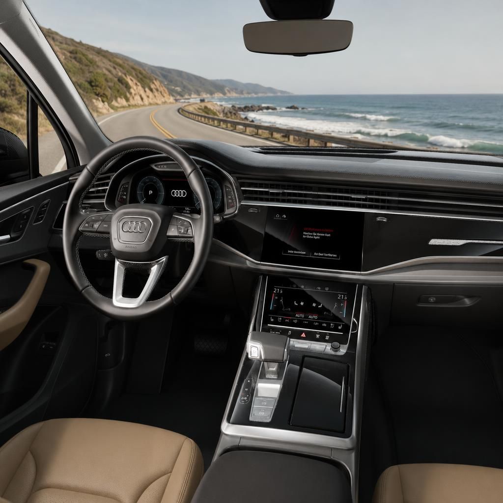 Audi Cockpit und Armaturenbrett mit digitalem Display, Lenkrad und Mittelkonsole in beige-schwarz