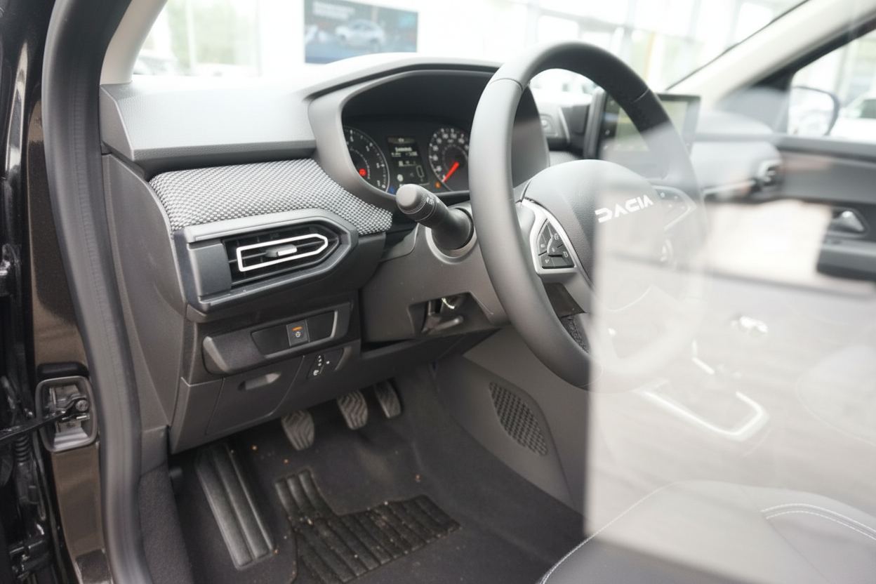Dacia Innenraum mit Lenkrad, Armaturenbrett und Pedale – Fahrerbereich in Schwarz