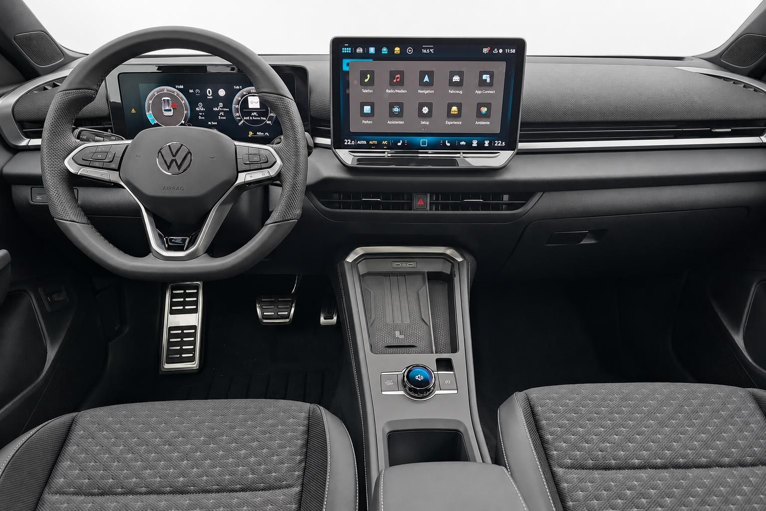 VW Cockpit mit Lenkrad, Touchscreen und Bedienelementen im Detail