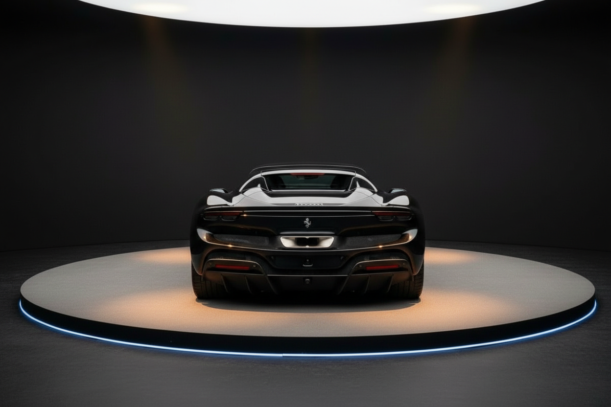 Schwarzer Ferrari Sportwagen Heckansicht im eleganten Showroom mit Spotbeleuchtung