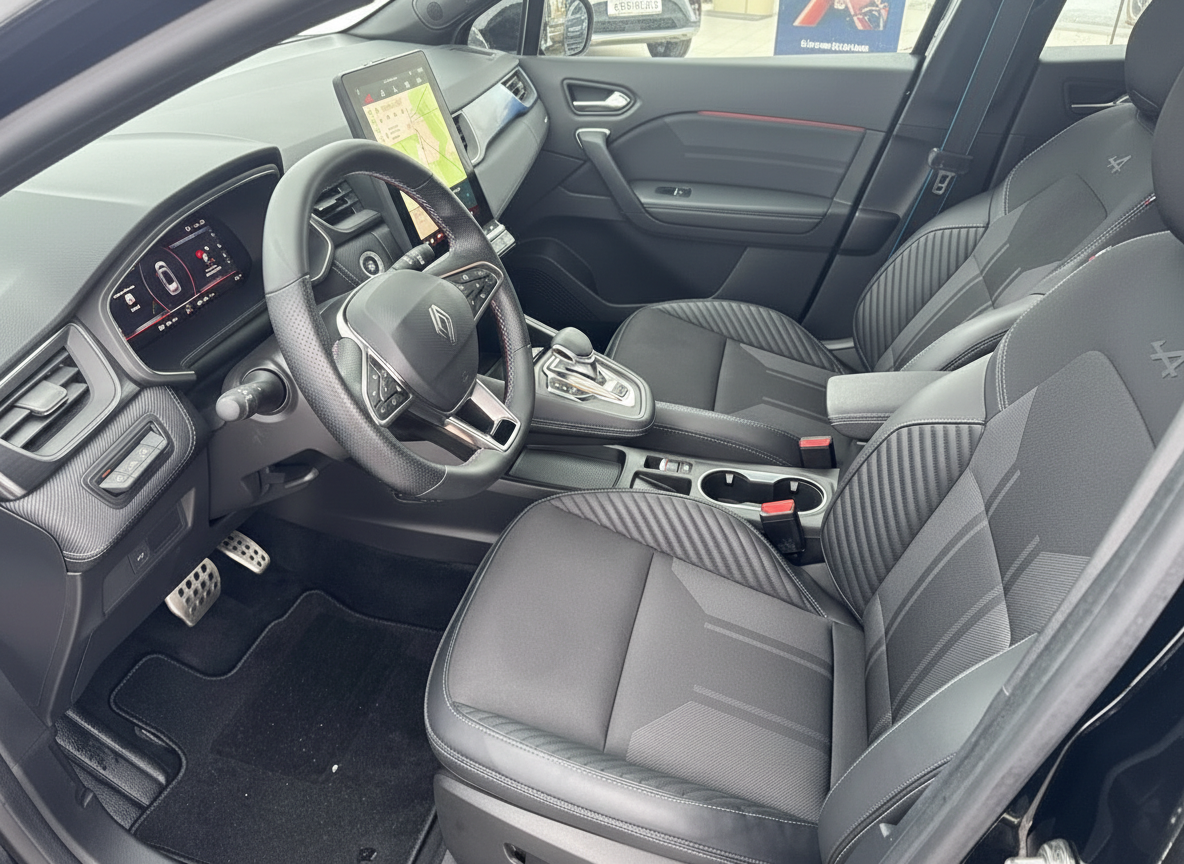 Renault Innenraum mit schwarzen Ledersitzen, Digitaltacho und großem Touchscreen-Navigationssystem