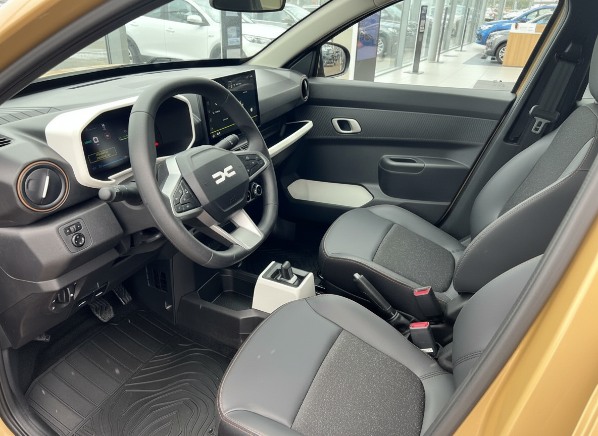 Dacia Innenraum in Gold – Cockpit mit Lenkrad, Infotainment und schwarzen Ledersitzen