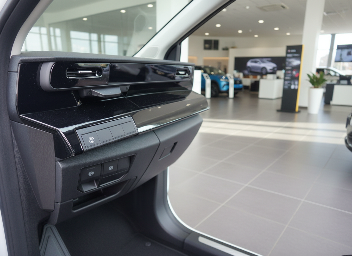 Fahrzeuginnenraum Detailaufnahme Beifahrertür mit Luftdüsen und Schaltern im Autohaus