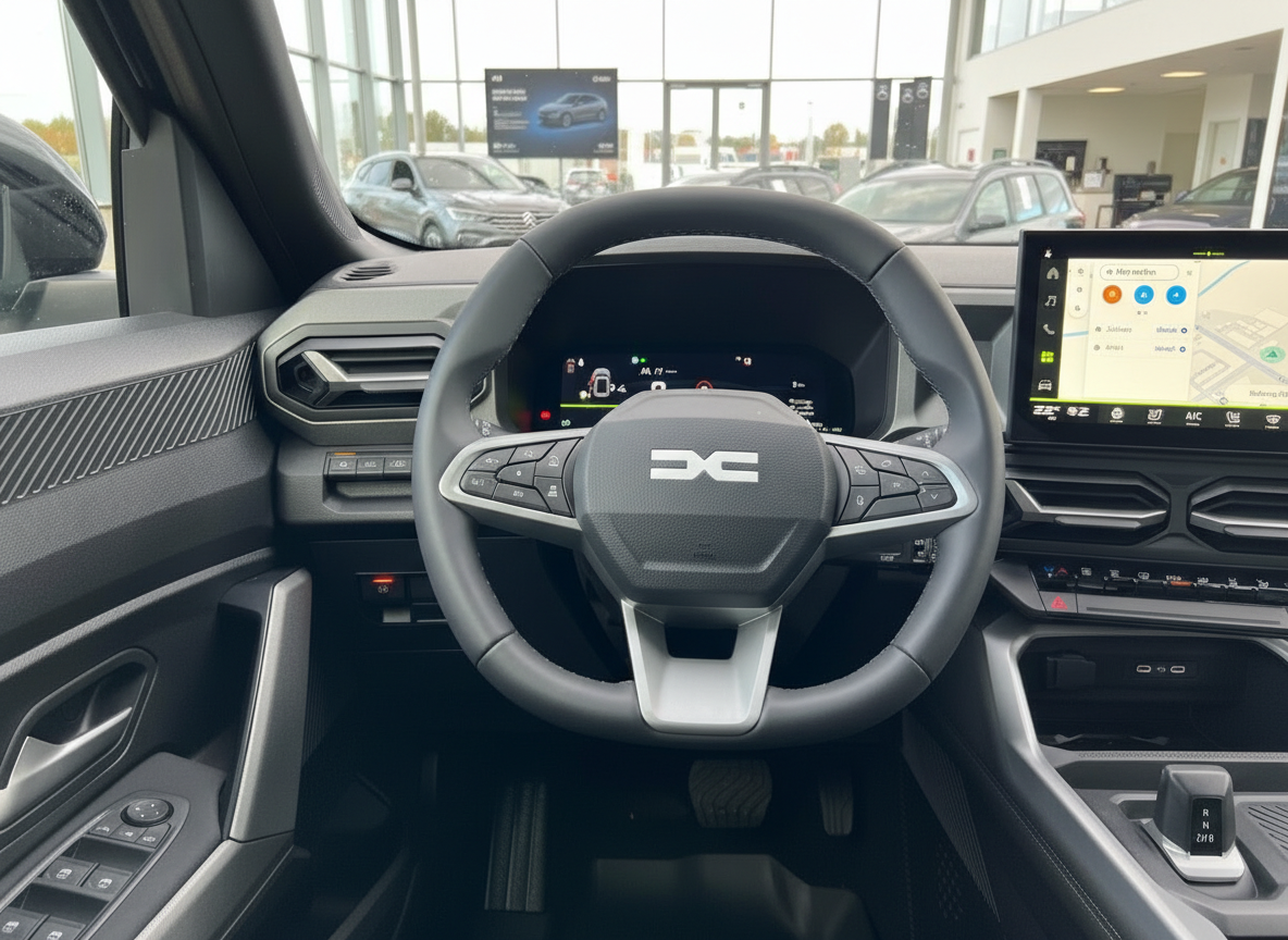Dacia Innenraum mit Lenkrad, digitalem Cockpit und Infotainment-Touchscreen