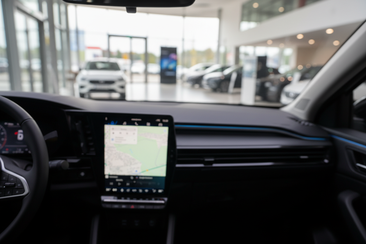 Fahrzeuginnenraum mit modernem Touchscreen-Navigationssystem im Autohaus