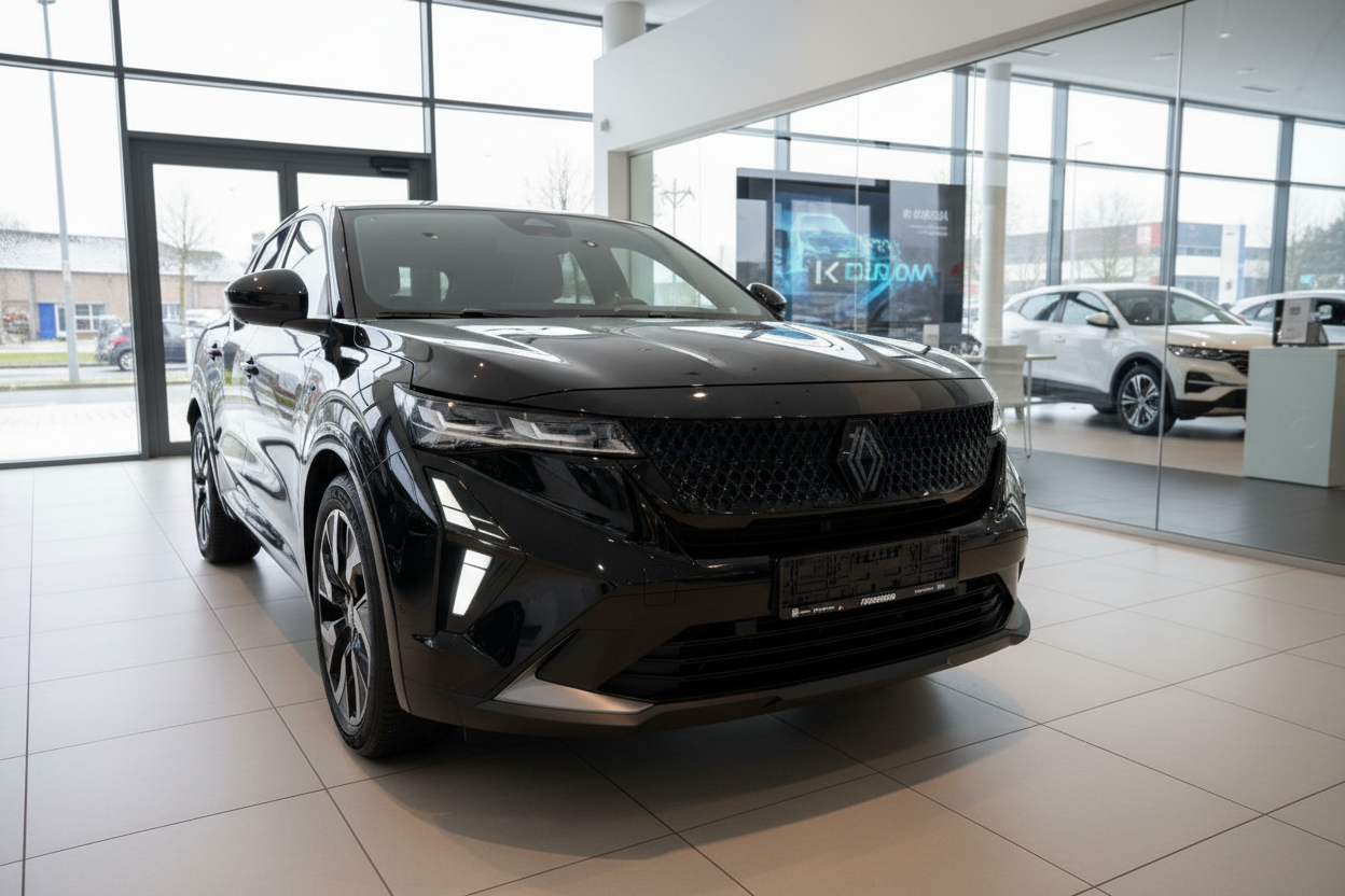 Schwarzer Renault Espace SUV in Autohaus-Showroom, Frontansicht