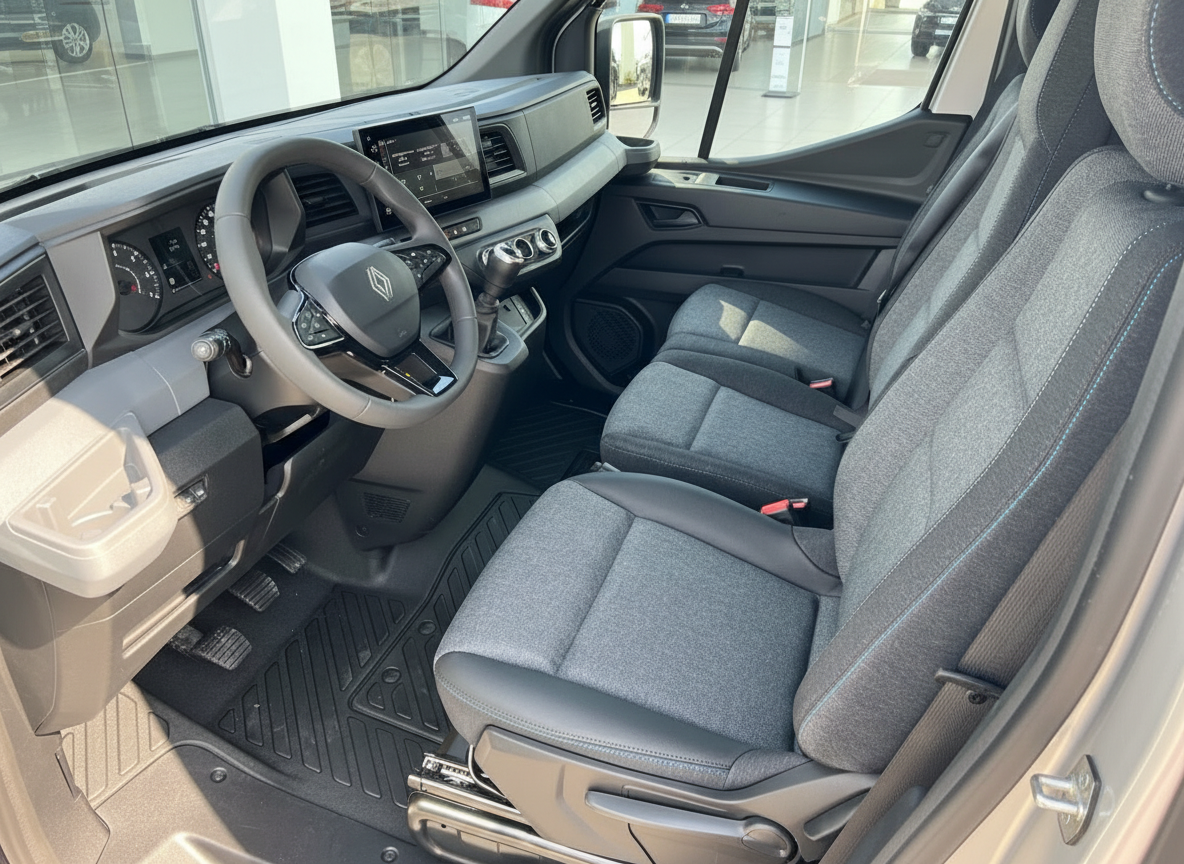 Renault Master Innenraum Fahrerkabine mit modernem Cockpit, Touchscreen und grauen Stoffsitzen