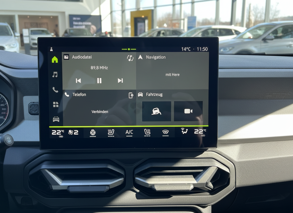 Fahrzeug-Infotainment-Display mit Navigation, Radio 89,8 MHz und Klimasteuerung 22°C