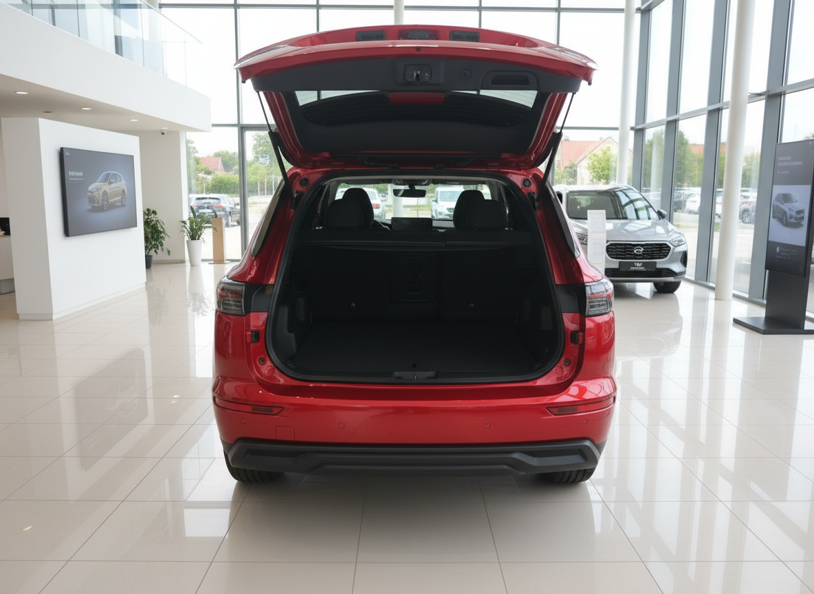 Roter SUV mit geöffneter Heckklappe im Autohaus Showroom – Kofferraum Ansicht