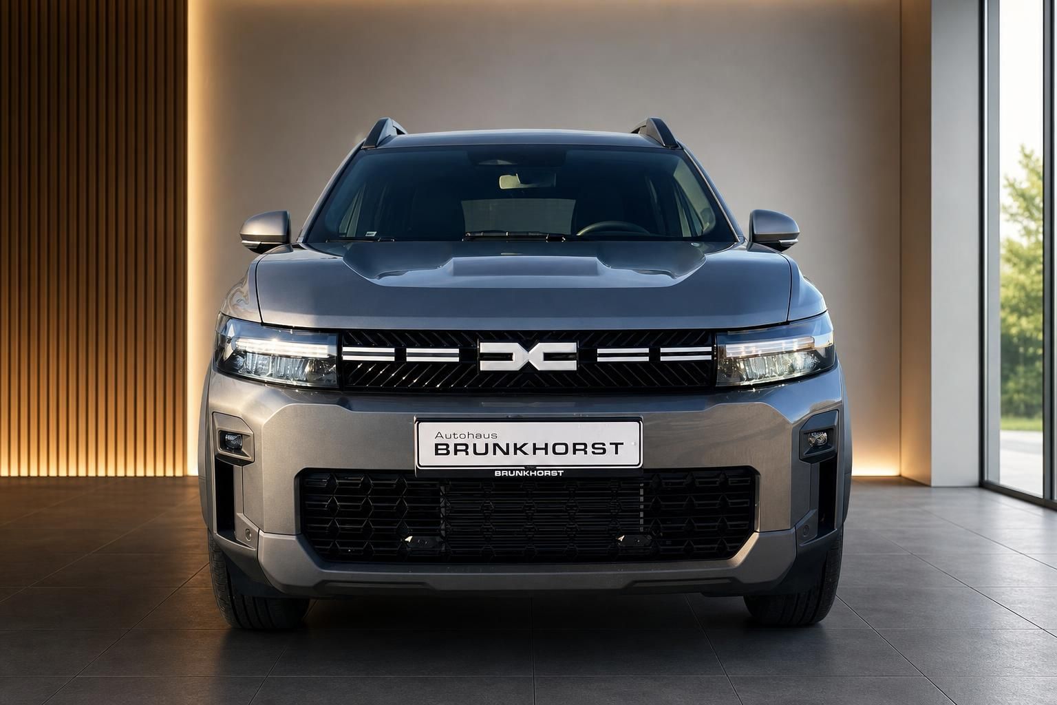 Dacia SUV Frontansicht grau mit schwarzem Kühlergrill im Autohaus Brunkhorst