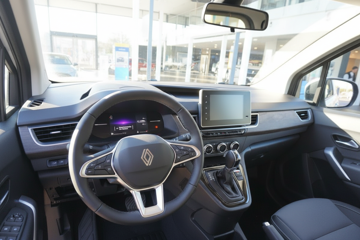 Renault Innenraum mit Lenkrad, Infotainment-Display und Schaltgetriebe in modernem Cockpit-Design