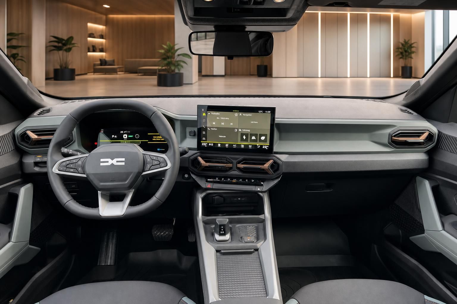 Moderner Fahrzeug-Innenraum mit digitalem Cockpit und Touchscreen-Display