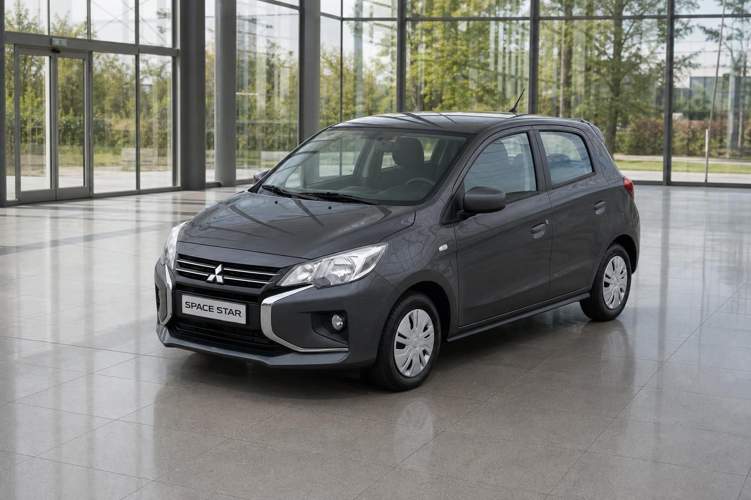 Mitsubishi Space Star grau Frontansicht schräg im Showroom, Kleinwagen mit Mitsubishi-Logo